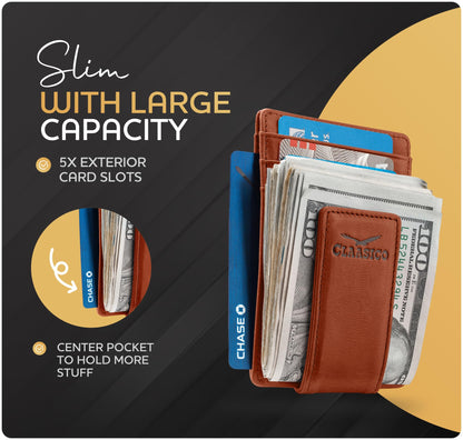 Claasico Men’s Leather Money Clip Wallet – Slim Front Pocket Wallet w/Super Strong Magnetic Clip, RFID Blocking, 5 Card Slots & Center Pocket + ID Window
