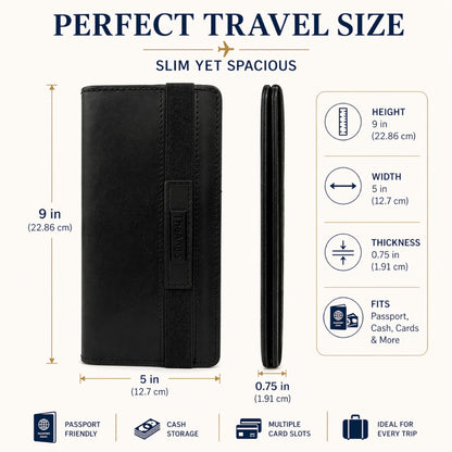 TheAntiq Black Leather Long Passport Wallet - Travel Document Organizer with Card Slots ID Window Zipper Pocket Slim Passport Holder for Travel & Everyday Use, 5 x 9
