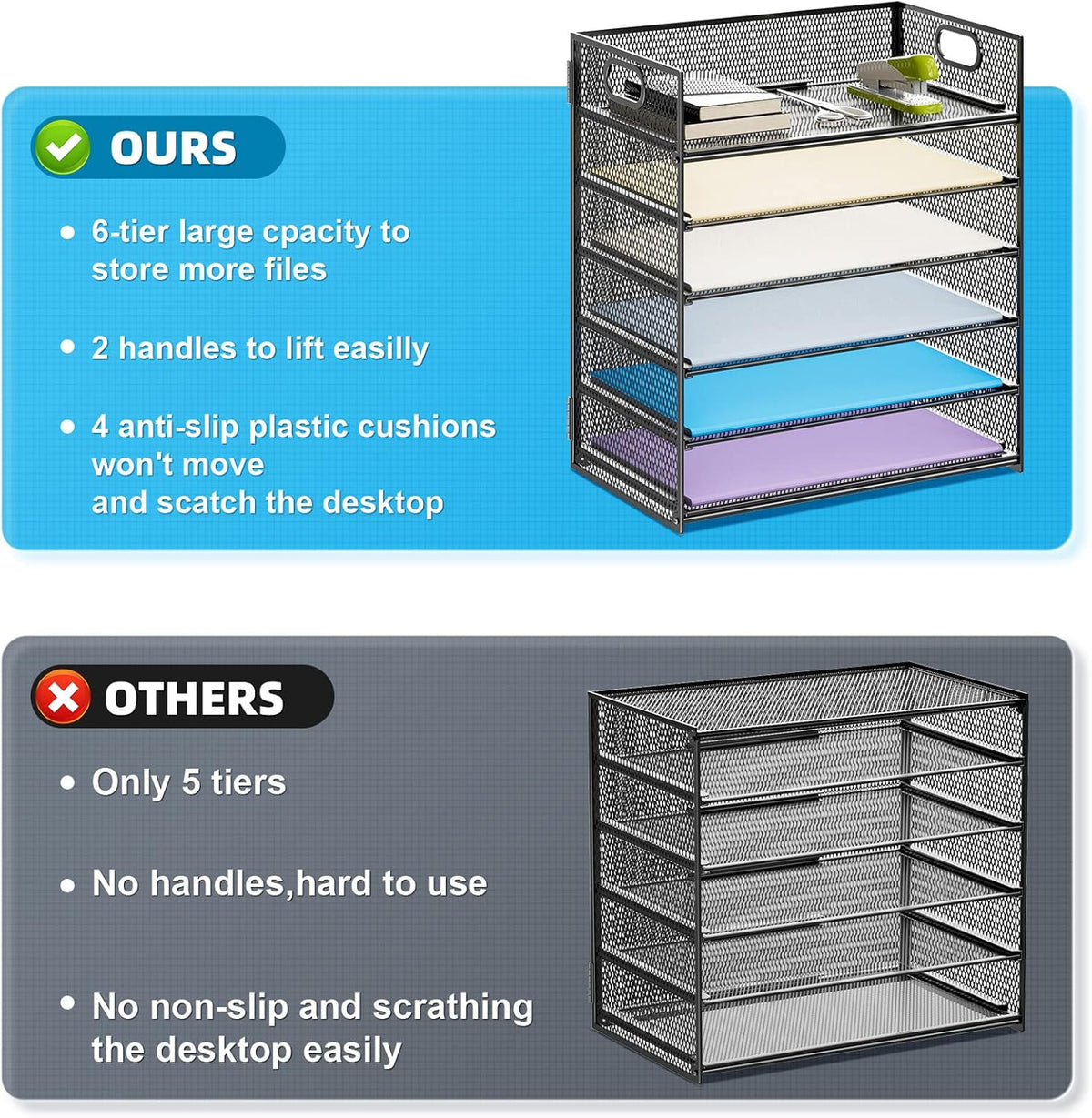 Marbrasse 6 Tier Paper Organizer Letter Tray - Mesh Desk File Organizer with Handle, Paper Sorter Organizer for Letter/A4 Office File Folder Holder - Black