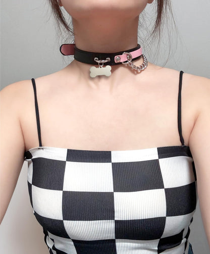 EverGlimp Leather Choker Collar Necklace For Women,Cute Skull Gothic Punk Rock Choker Necklace Collars (BONE-PUPPY, PINK)