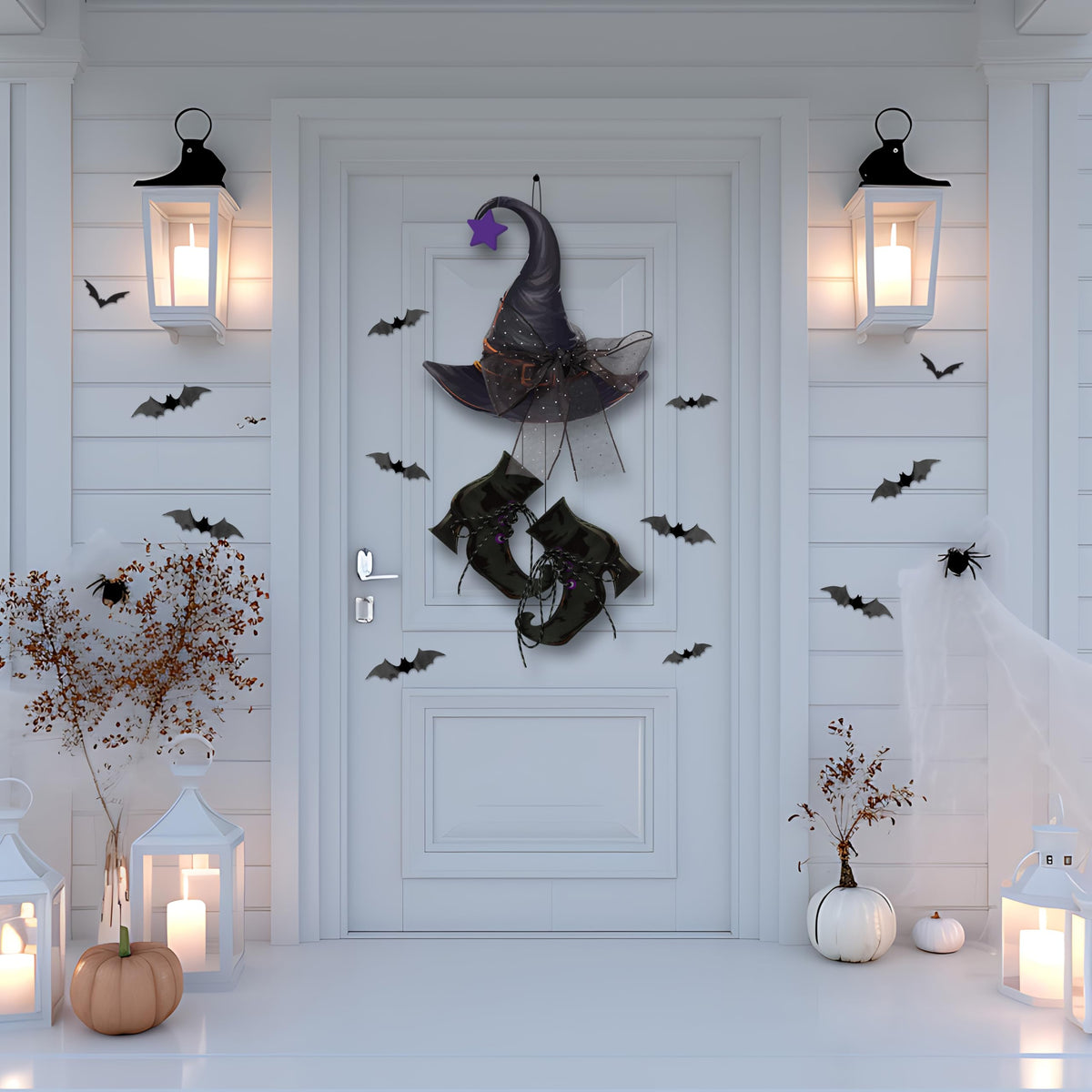 Halloween Witch Hanging Door Decor - Hocus Pocus Hat Shoes Sign Wreath Wooden Decorations with Bats for Wall Outdoor