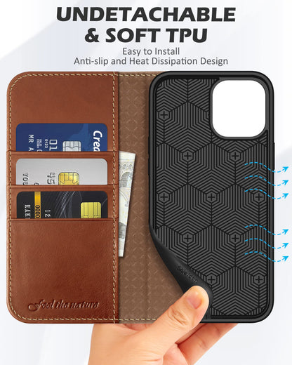 SHIELDON Wallet Case for iPhone 12 5G, Genuine Leather Folio Case Magnetic Shock Absorbing Cover RFID Blocking Credit Card Holder Kickstand Compatible with iPhone 12/12 Pro 6.1" - Retro Brown