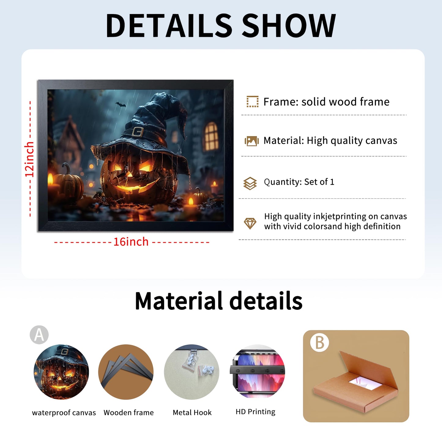 Wood Framed Dark Halloween Pumpkin Wall Art, Gothic Witch Hat Jack-o'-Lantern Canvas Print, Dark Academia Spooky Haunted House Poster Wall Art for Living Room Bedroom Room Aesthetics 12x16 inch