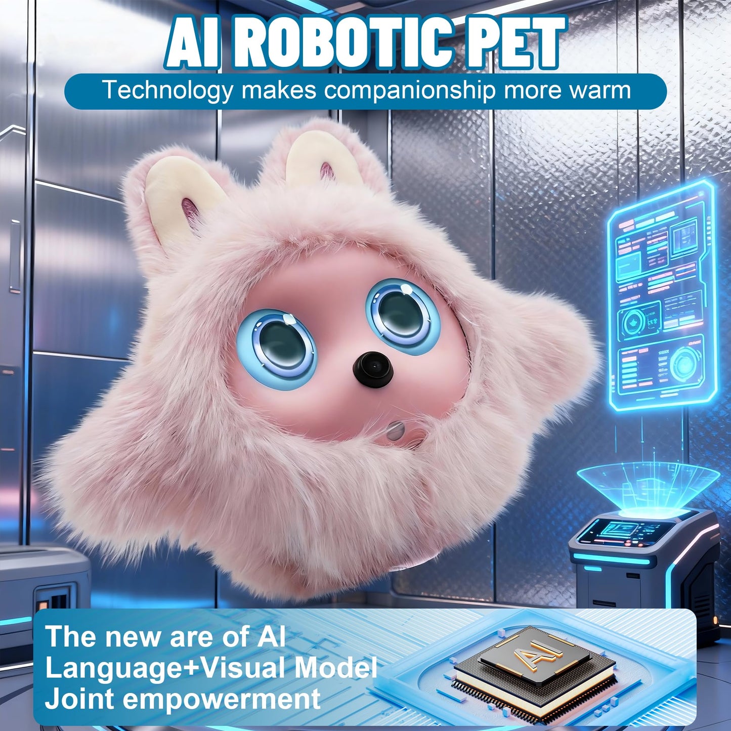 Funio AI Smart Robotic Pet, Cute Emotional Companion Robot with Multimodal Interaction, Replaceable Fluffy Cover, Voice Conversation, Touch Sensing, LCD Screen, Suitable for Home & Office