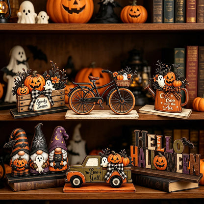 6 Pieces Halloween Decor Hello Halloween Table Topper Signs Spooky Pumpkin Ghost Gnome Truck Tiered Tray Centerpiece Farmhouse Halloween Wooden Tabletop Decorations for Indoor Home Kitchen Party