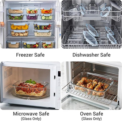 Dealusy 10 Sets (20-Piece) 4.5 Cup & 1.5 Cup Glass Food Storage Containers with lids, Airtight Leak-proof Glass Meal Prep Containers with Lids, Microwave Oven Freezer Dishwasher Safe, Blue