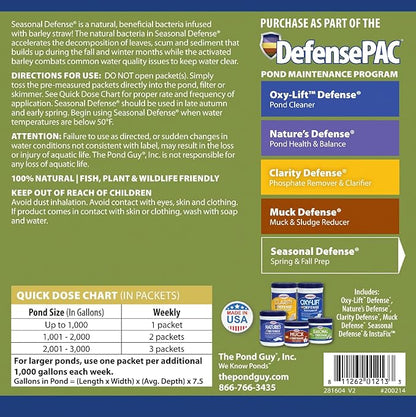 The Pond Guy Seasonal Defense, Spring & Fall Beneficial Bacteria, Barley & Enzymes, Cold Water Pond Sludge & Scum Treatment, Fish & Plant Safe, 6 Packets
