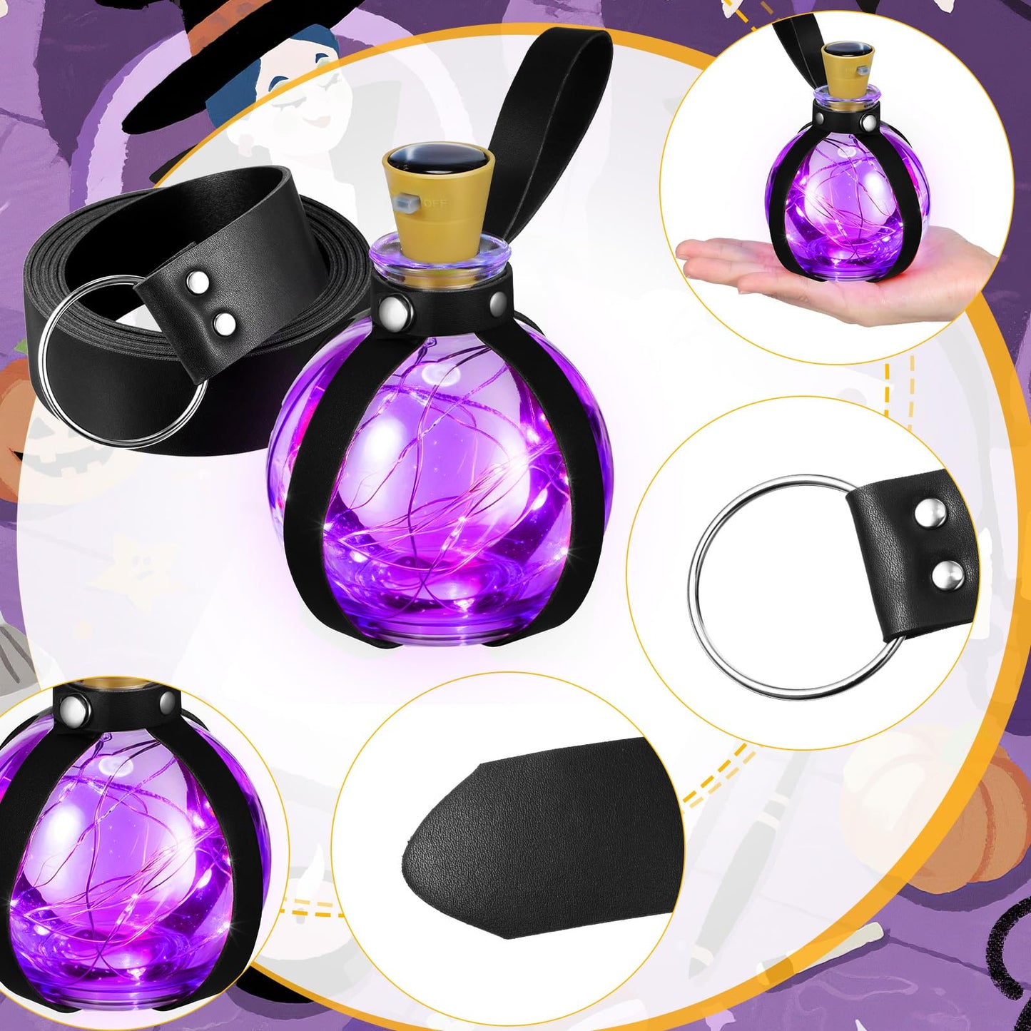 Geyoga Halloween Witch Potion Bottles Wizard Staff Solar Light up Medieval Renaissance Witch Accessories Dark Magic Cork Bottle with Belt Decor(Black with Purple Light)