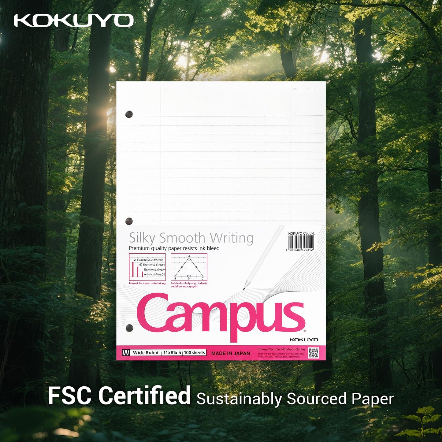 Kokuyo Filler Papers, 8-1/4"x11”, Wide Ruled 3 Hole Punched Loose Leaf Paper, 300 Sheets Bleed Resistance Notebook Paper, Japanese Smooth Lined Paper for 3 Ring Binders School Supplies