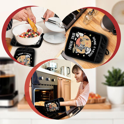 GOOZHO Funny Halloween Skeleton Baker Pot Holders with Pockets, Having a Mental Bake Down Halloween Skull Oven Pot Holders Heat Resistant Oven Mitts Hot Pads for Kitchen Baking Cooking