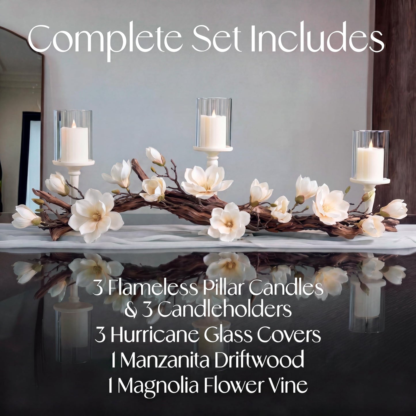 Magnolia Vine Driftwood Farmhouse Table Centerpiece - 3pc Candle Holder Set - Floral Table Decor for Dining Room, Living Room, Mantle & Weddings (Ivory)