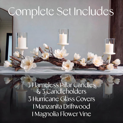 Magnolia Vine Driftwood Farmhouse Table Centerpiece - 3pc Candle Holder Set - Floral Table Decor for Dining Room, Living Room, Mantle & Weddings (Ivory)