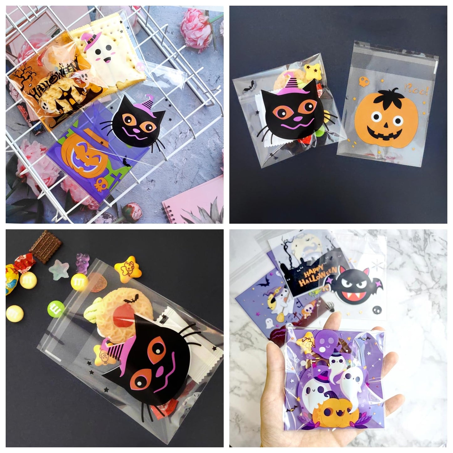 UTOYSOV 550 PCS Halloween Candy Bags, 12 Styles Self Adhesive Trick or Treat Cookie Bags for Party Gift Supplies, Cellophane Halloween Goodie Bags