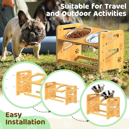 Elevated Dog Bowls, Adjustable Raised Dog Bowl Stand for Medium and Small Pet, 11" High Bamboo Pet Food Feeder with 2 Stainless Steel Dishes（4 Heights）