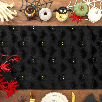 FYSUIMU Halloween Table Runner Soft Plush Faux Fur 3D Jacquard Black Bat Table Cover Spooky Bat Tabletop Decoration for Holiday Home Party Decor