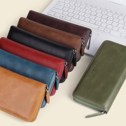 VISOUL Leather Long Zipper Pouch Wallet for Men and Women with RFID Blocking, Large Clutch Cash Long Wallet with Zipper (Brown)
