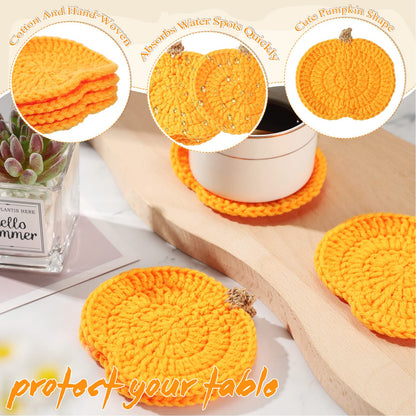 8 Pcs Crochet Pumpkins Coaster Handmade Knitted Drink Coaster Set Autumn Drink Cup Pad Mats Absorbent Bottle Mug Place Mats for Table Protection Fall Halloween Thanksgiving Themed Party Decoration