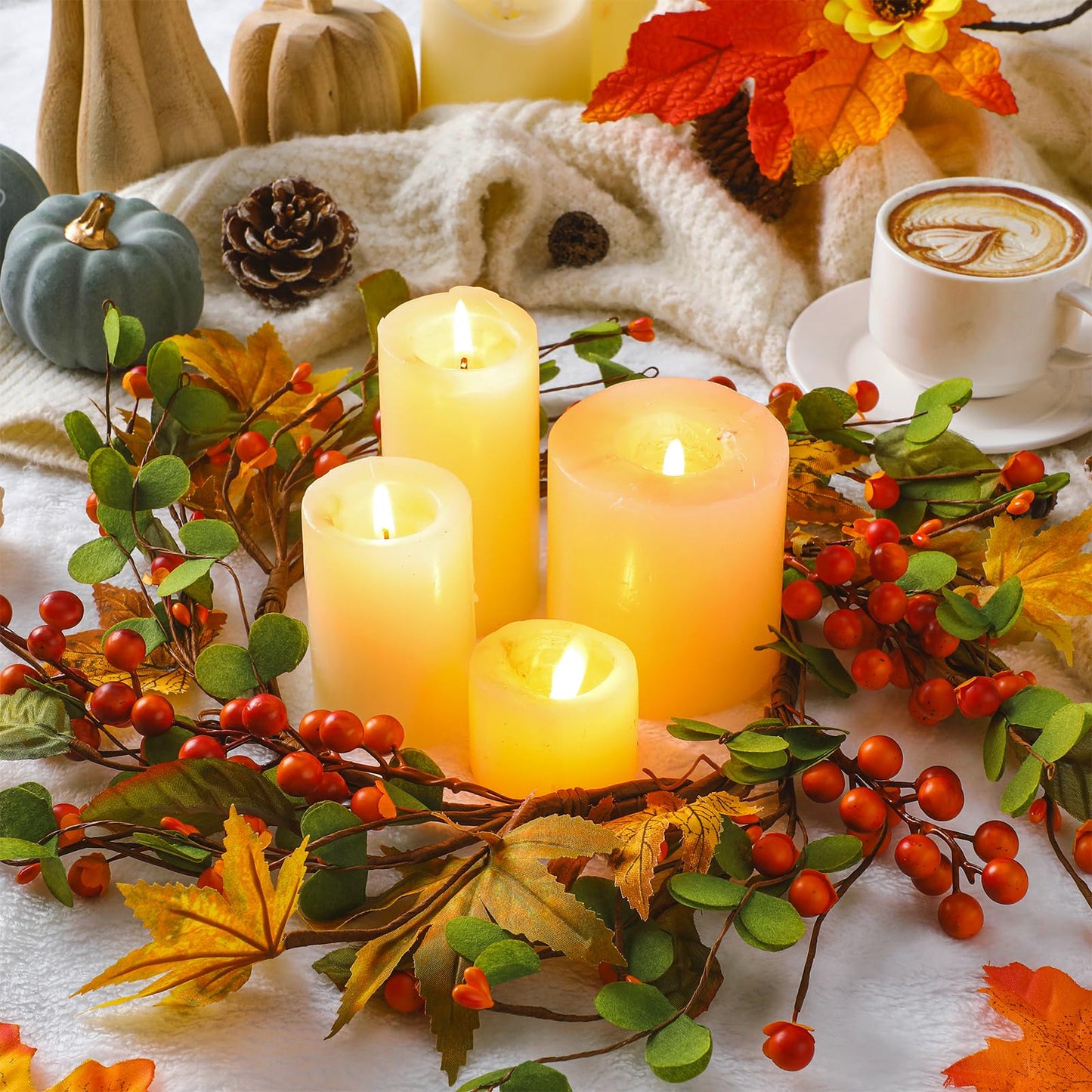 FineCheer 1 Pcs 12'' Outer Fall Thanksgiving Candle Rings Artificial Maple Leaves Berries Garland for Candlestick Autumn Wreath Candle Holders for Table Centerpiece Front Door Decor