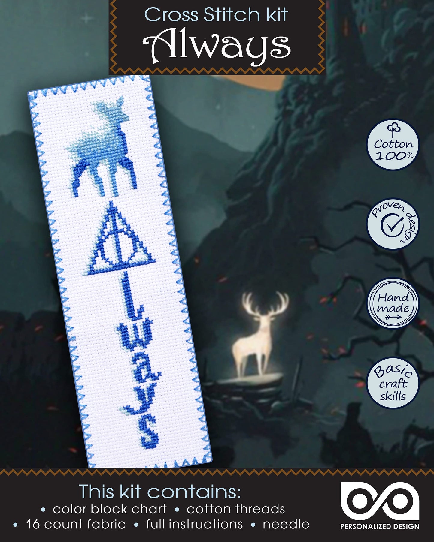 Personalized.Design Cross Stitch Kit for Beginners “Always” - Deathly Hallows DIY Embroidery Bookmark