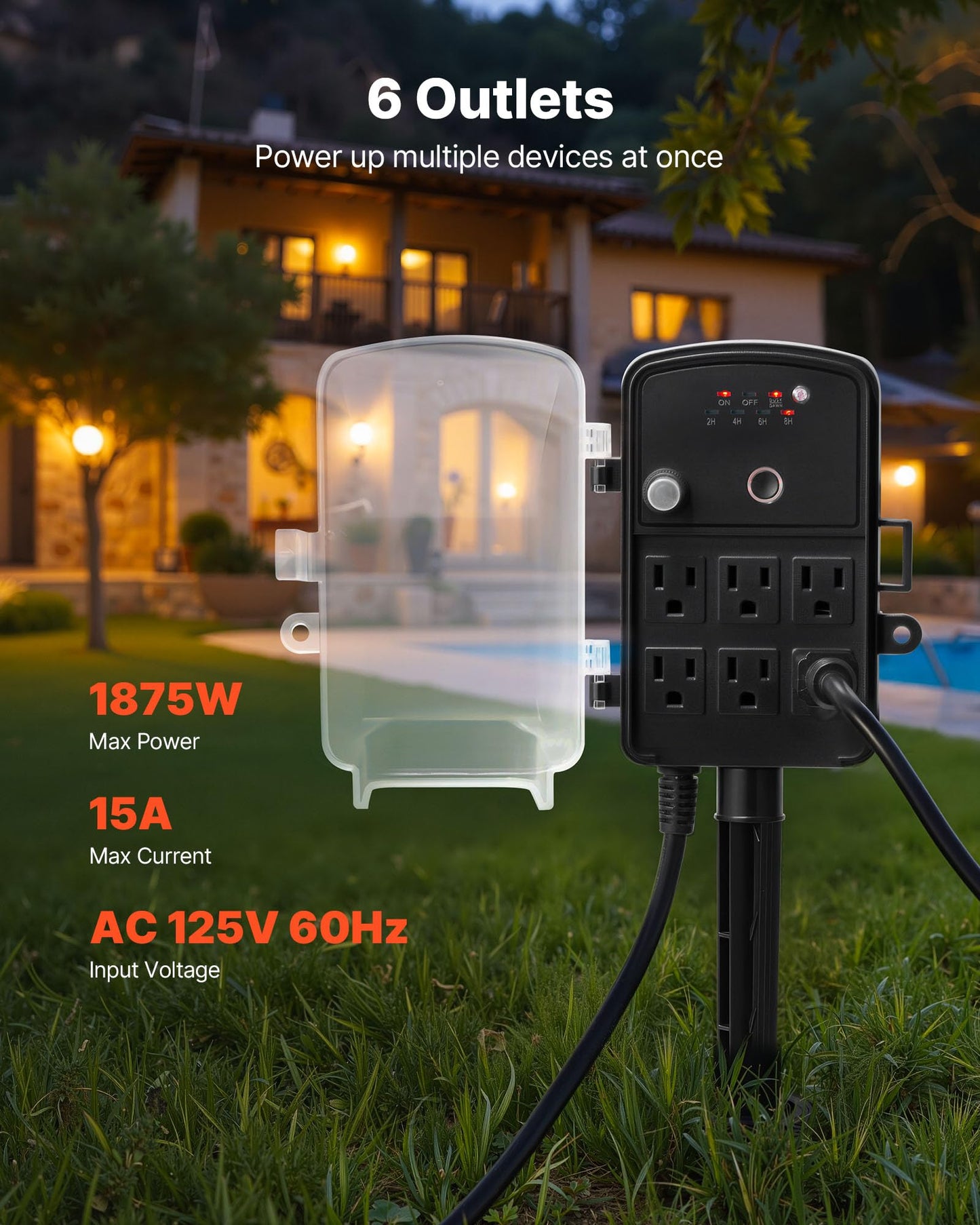 VEVOR Outdoor Power Stake Timer, 25FT Extension Cord, Remote Control Outdoor Power Strip with Cover, Dusk to Dawn Light Timer Waterproof, 6 Outlets for Halloween Christmas Lights, Garden Decorations