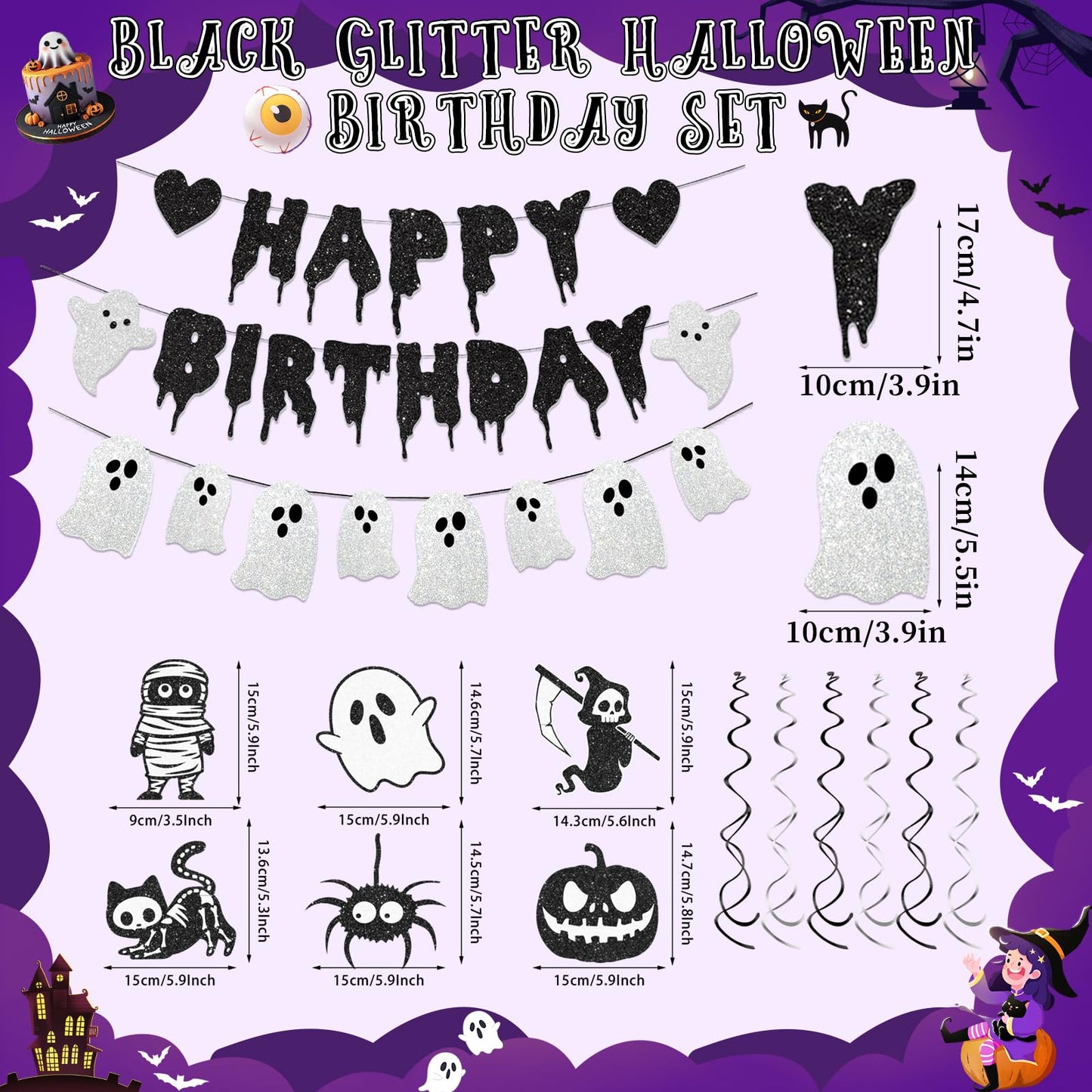 Black Glitter Halloween Birthday Banner White Ghost Garland Halloween Birthdays Party Decorations for Spooky Birthday Decorations Supplies
