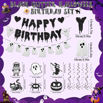 Black Glitter Halloween Birthday Banner White Ghost Garland Halloween Birthdays Party Decorations for Spooky Birthday Decorations Supplies