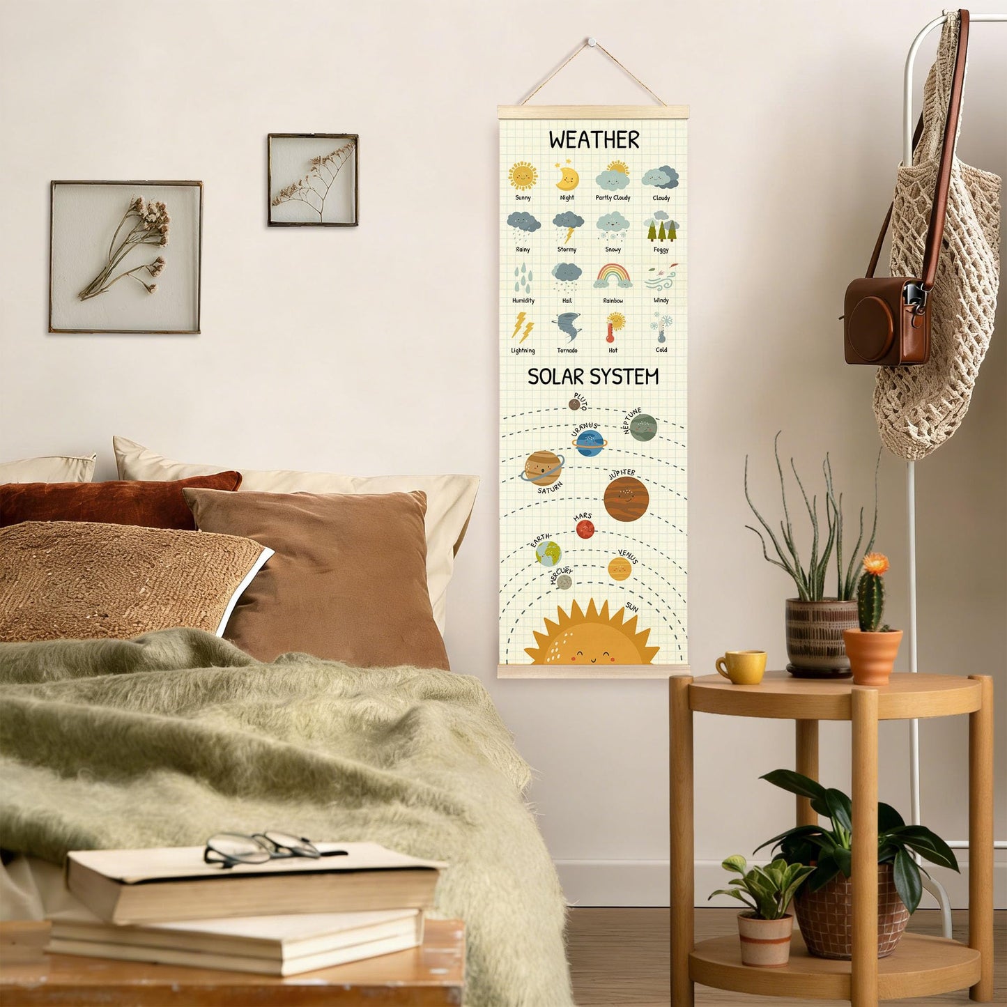 TAEDIN Weather Solar System Educational Wall Art Poster Hanger Frame, Space Classroom Wall Art with Wood Frames, Toddler Learning Hanging Decor for Kids Room Nursery Bedroom Playroom, 12x35 Inches