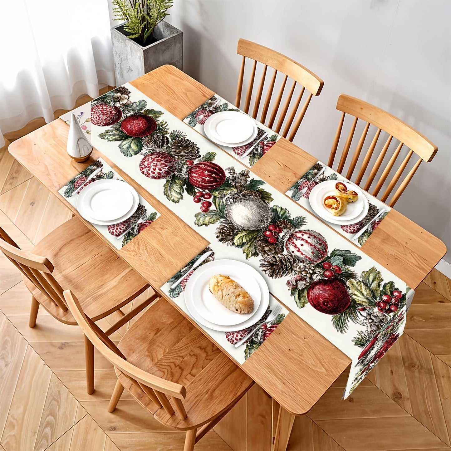 Elegant Christmas Table Runner and Placemats Set – 1 Runner & 4 Placemats – Festive Wreath Design with Red & White Baubles, Pinecones & Berries –Holiday Table Decor for Winter Dining & Christmas Party