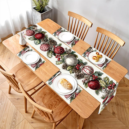 Elegant Christmas Table Runner and Placemats Set – 1 Runner & 4 Placemats – Festive Wreath Design with Red & White Baubles, Pinecones & Berries –Holiday Table Decor for Winter Dining & Christmas Party