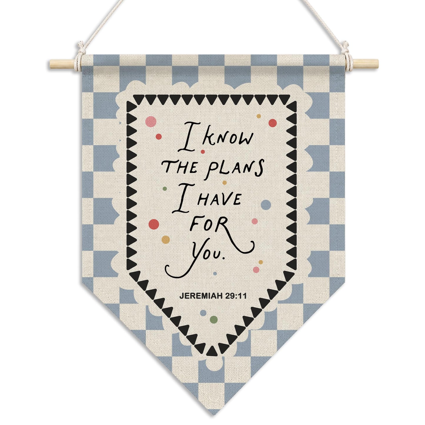RUKUPA Christian Wall Art Decor, Bible Verse Hanging Pennant Flag, for I Know the Plans I Have for You Religious Checkered Wall Art Poster Hanger for Home Bedroom Kids Nursery Room Decor, 11x15 Inch