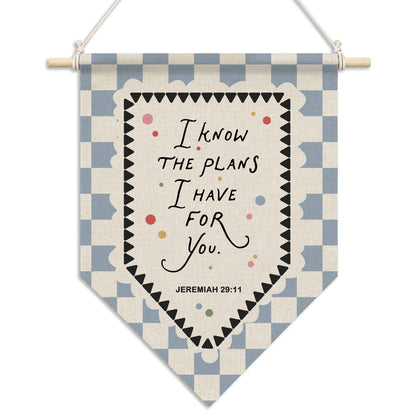 RUKUPA Christian Wall Art Decor, Bible Verse Hanging Pennant Flag, for I Know the Plans I Have for You Religious Checkered Wall Art Poster Hanger for Home Bedroom Kids Nursery Room Decor, 11x15 Inch