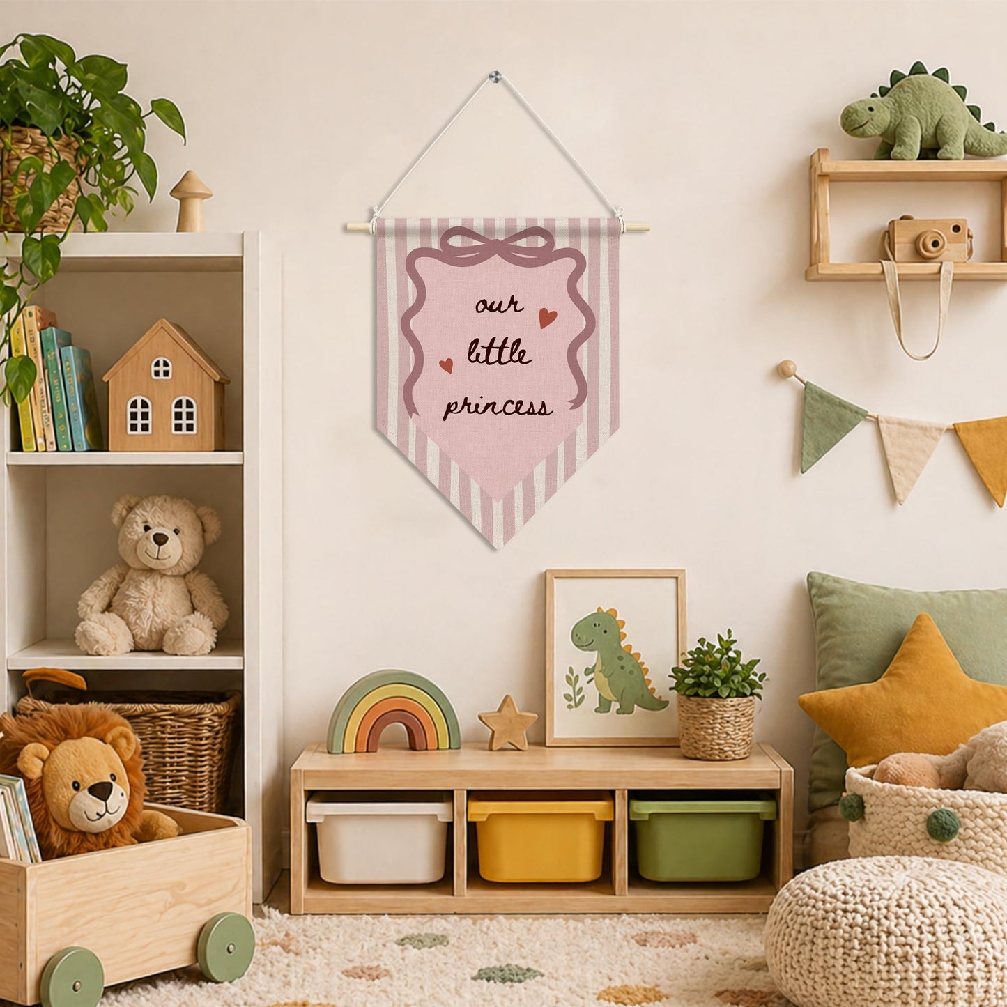 RUKUPA Pink Bow Girl Nursery Wall Art Decor, Preppy Girly Hanging Pennant Flag, Our Little Princess Pink Striped Wall Art Poster Hanger for Toddler Girls Room Bedroom Decor, 11x15 Inch