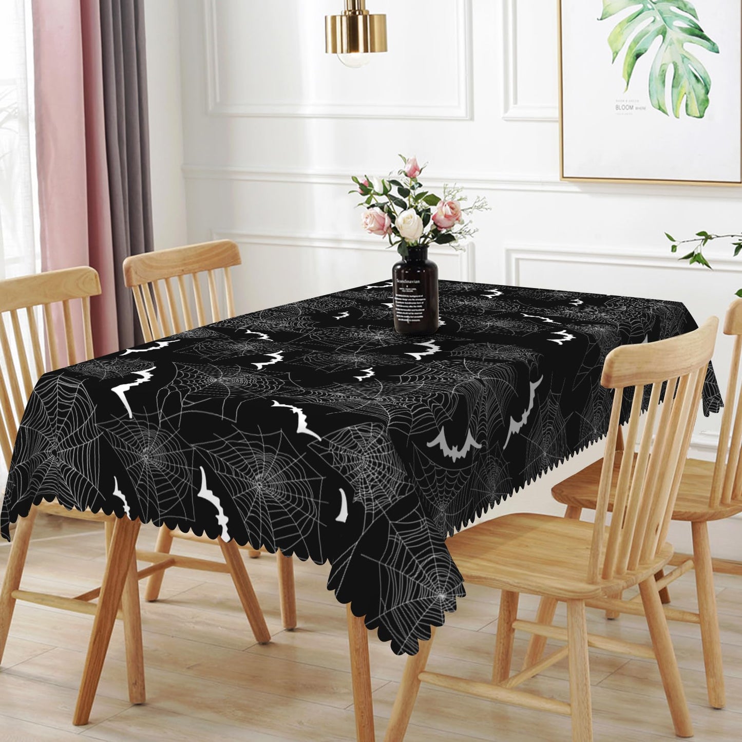 TTQYFNM 70x108inches Halloween Tablecloth Black White Spider Webs Bats Decorative Rectangle Table Cloths Spillproof Washable Polyester Fabric Table Cover for Kitchen Halloween Dinner Party Supplies