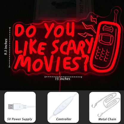 Horror Movie Decor Neon Sign Do You Like Scary Movies Neon Light Dimmable Gothic Led Light Up Signs for Movie Room, Halloween, Gothic Themed Parties Decoration Gifts(15 * 9.3inch)