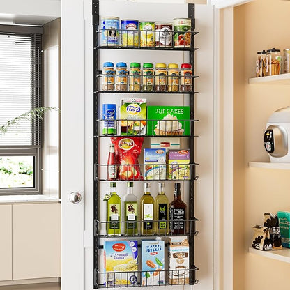 Delamu Adjustable Cabinet Door Organizer, 6-Tier Hanging Spice Rack Organizer, Metal Over the Door Pantry Organizer, Pantry Organizers and Storage Shelves for Kitchen Bathroom Laundry Room, Black
