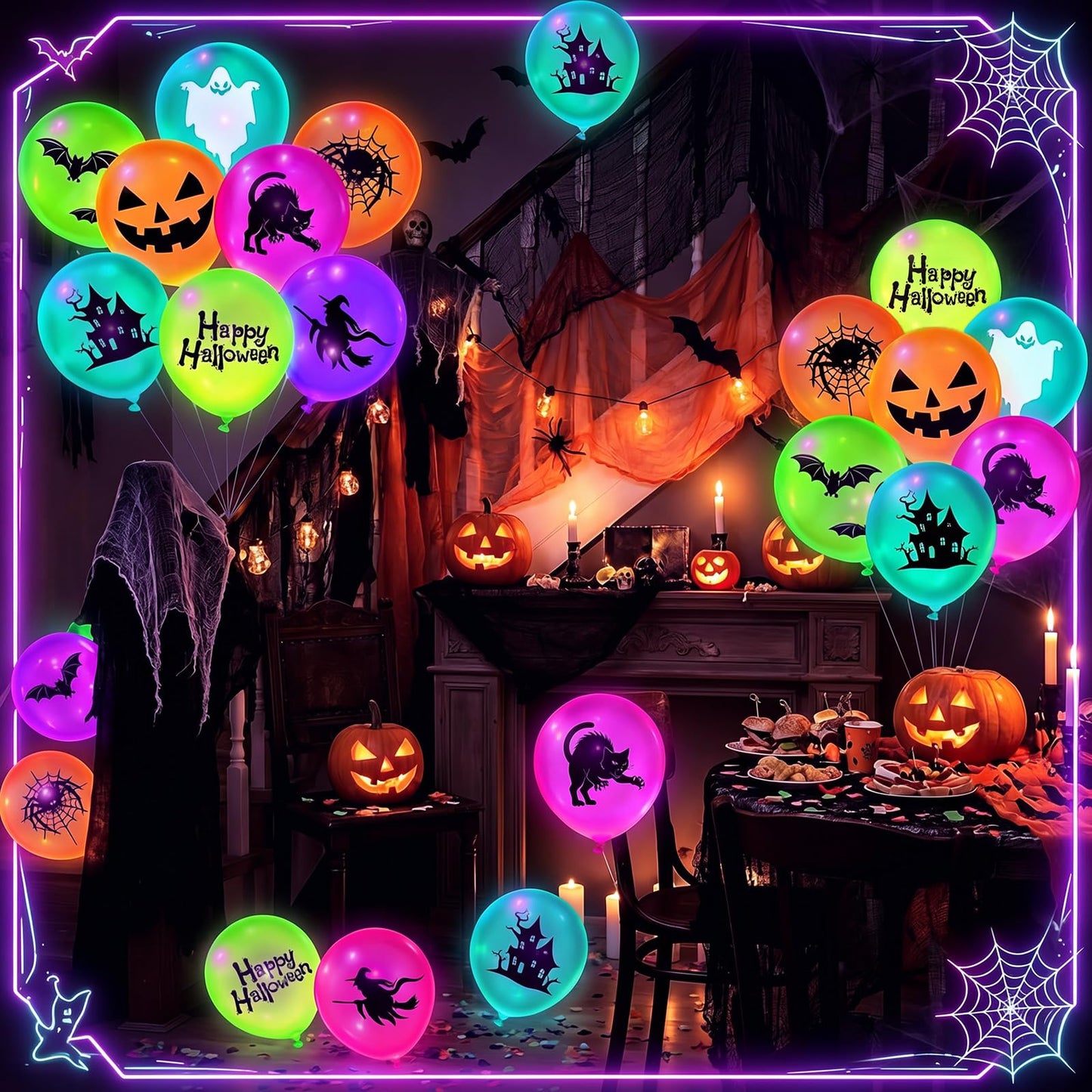 Junkin 80 Pcs Summer Halloween Neon Decoration Glow in The Dark UV Neon Balloons Blacklight Reactive Fluorescent Latex Balloon Pumpkin Ghost Witch Spider Halloween Glow Pool Birthday Party Supplies