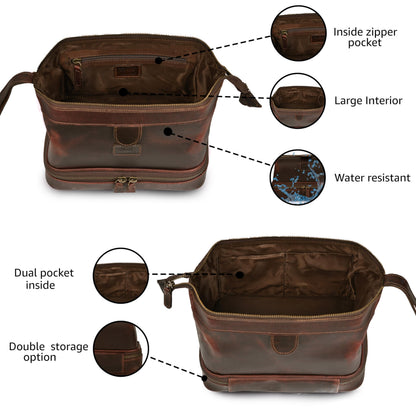 LEATHER VILLAGE Genuine Leather Dopp Kit – Large Travel Toiletry Bag with Waterproof Lining, Dual-Zip Design for Men & Women, Organizer for Shaving, Makeup & Essentials - Cherry