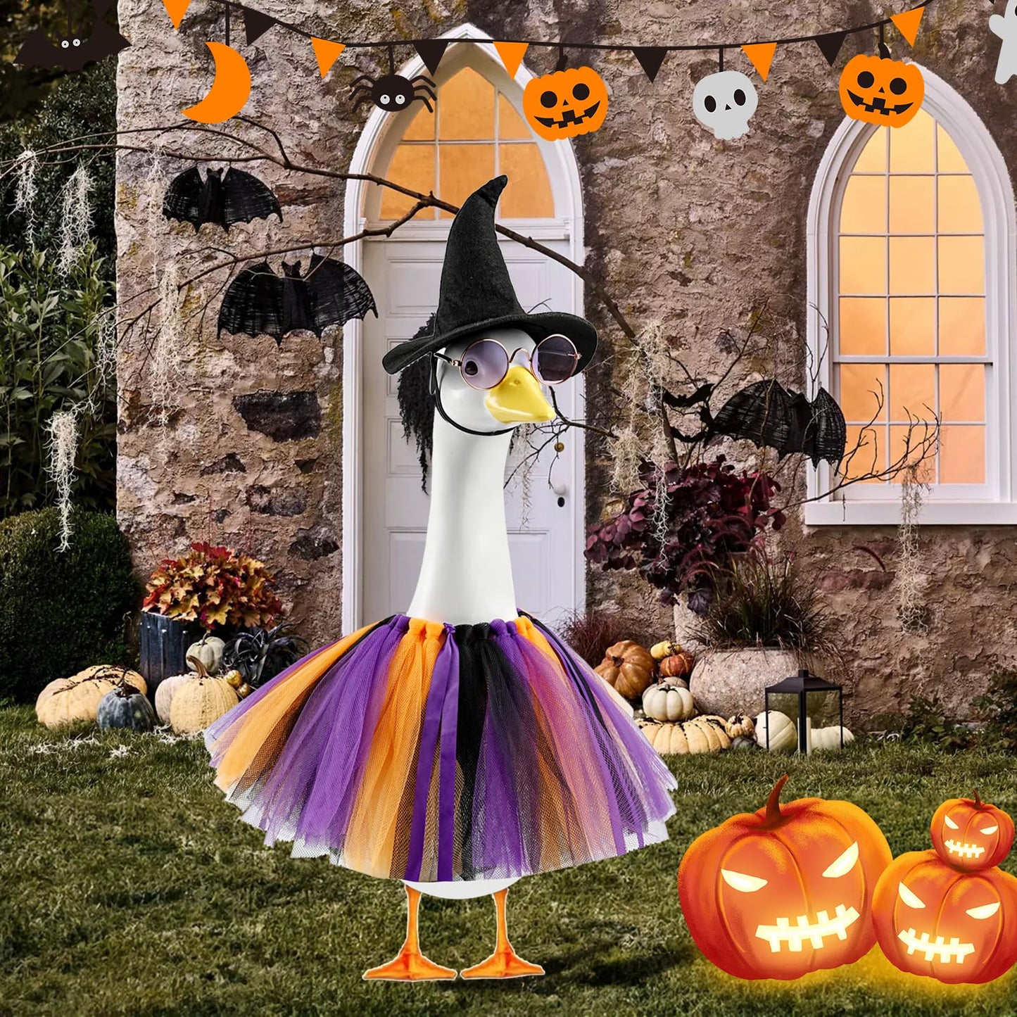 JIUENAGCN Halloween Witch Goose Outfit for 17/23 Inch Porch Geese, Waterproof Lawn Goose Costume for Outdoor Fall Decor, Garden Patio Statue Clothing for Cement Plastic Geese