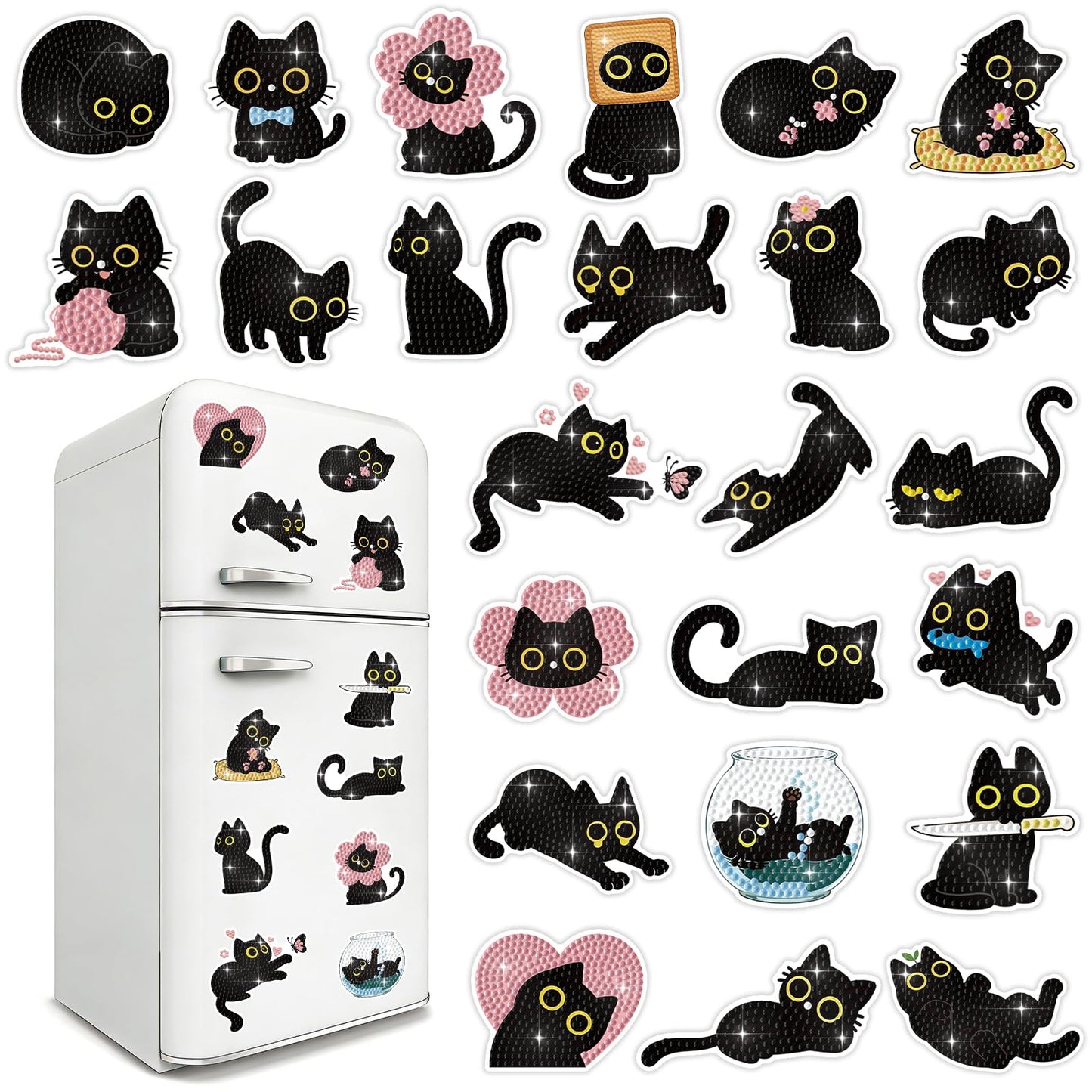 24 Pcs Diamond Art Kits for Kids Teens Adults, Fridge Magnets Diamond Painting Kits Cat Dimond Art Paintings Gem Art Refrigerator Magnets Arts and Crafts for Kids DIY Crafts Gifts Home Decors