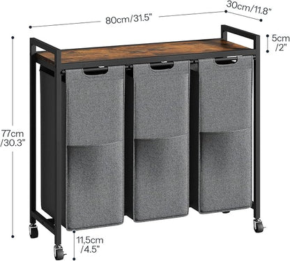 HOOBRO Laundry Sorter 3 Section, Laundry Hamper with Wheels, 3 × 11.5 Gal (43.4L), Rolling Laundry Basket, Pull-Out and Removable Oxford Fabric Laundry Bags, Rustic Brown and Grey BFG76XY01