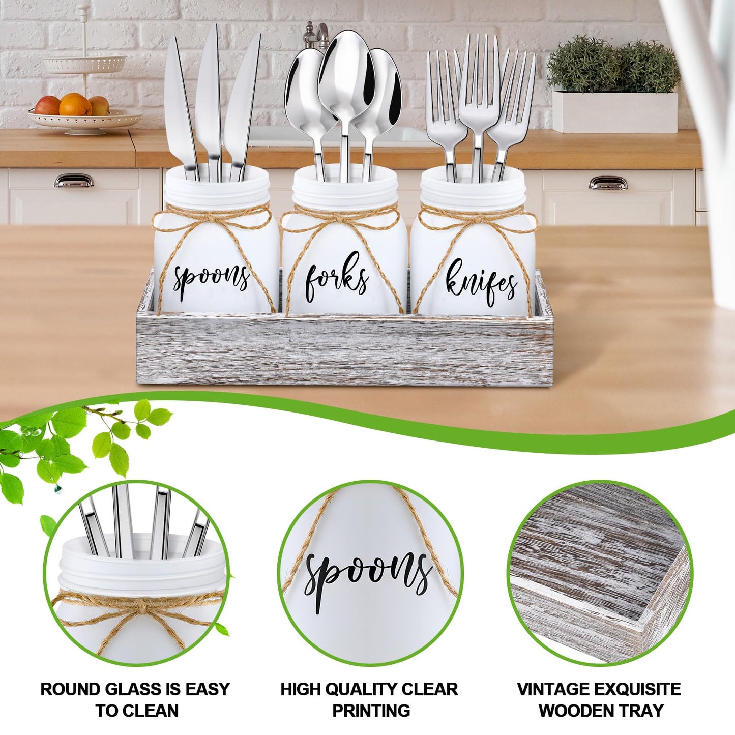 Tiangrid 4 Pcs Silverware Utensil Holder Mason Jar with Wooden Utensil Organizer for Kitchen Countertop Forks Spoons Knives Storage White Farmhouse Kitchen Caddy Glass Cooking Decor for Party