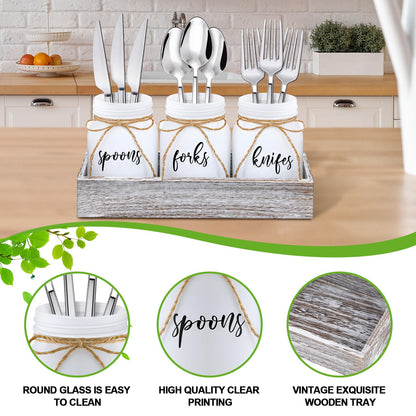 Tiangrid 4 Pcs Silverware Utensil Holder Mason Jar with Wooden Utensil Organizer for Kitchen Countertop Forks Spoons Knives Storage White Farmhouse Kitchen Caddy Glass Cooking Decor for Party