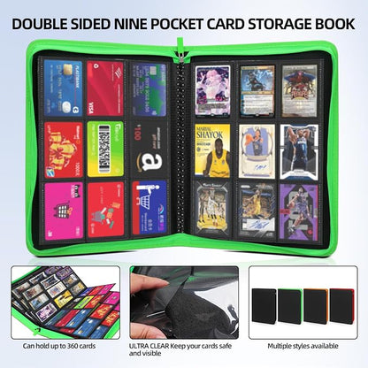 Premium Trading Card Storage Album,9 Pocket 40 Side Pages, 360 Cards,Black Zipper Binder for Collectible Games, Sports Card Organization&Protection (Black Red)