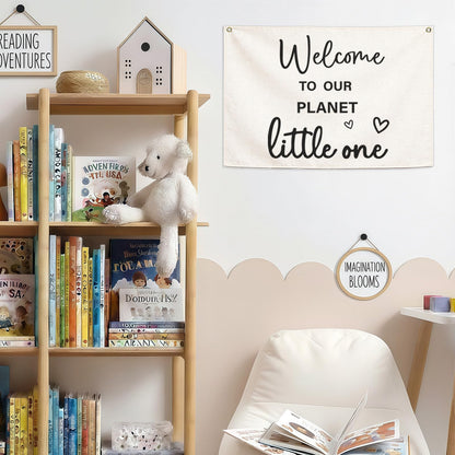 Welcome to Our Planet Rectangular Banner-Flag Sign for Nursery Playroom Kindergarten Bedroom Wall Decor,Baptism Baby Shower Birthday Christmas Gift for Baby Girl Boy Kids-28.5"L×20"W