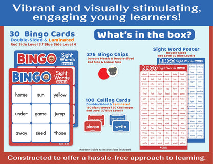 Bright Seed Sight Words Bingo Game for Kindergarten, Learn to Read Sight Word Cards, Word Games for Kids Ages 4-8, Bingo Sight Words Level 3&4, Laminated for Easy Clean