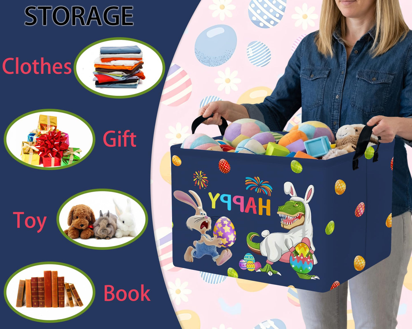 TUAUAN Large Easter Basket Folded Teen Eggs Box Canvas Empty Shelf Storage Bin Bunny Room Decor (Deep Blue)