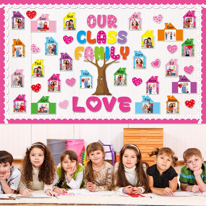 Back to School Bulletin Board Set Our Class is a Family Classroom Decoration with 3D Photo Frame House Pink Paper Cutouts Family Tree Bulletin Board for Home Office School Classroom Wall Decor