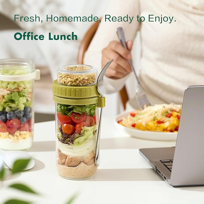 Danmu 24 oz Glass Meal Prep Containers 4-Pack with Lid & Dressing Cup - Leak Proof Salad Jars & Overnight Oats Containers with Lids Stainless Steel Fork Included for On the Go Lunch, Work, Fitness