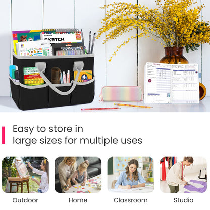 Godery Desktop Tote and Stock Organizer, Teacher Helper Tote Bag Organization for Arts, Books, Stationery, Office Desk Organizer, Make-up Storage Tote with Handles for Travel, Black-Gray