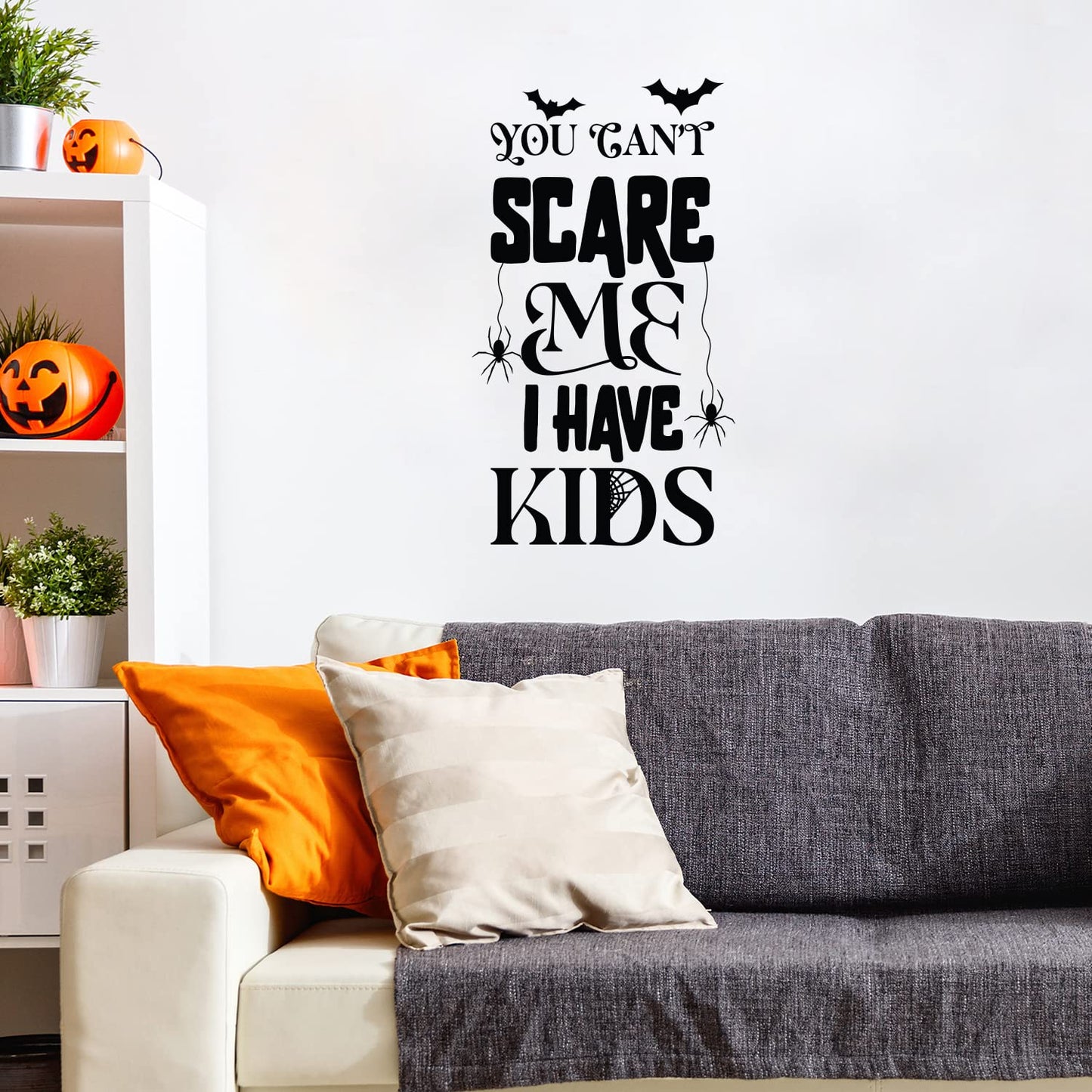 Vinyl Wall Art Decal - You Can't Scare Me I Have Kids - 24" x 20" - Spiders Design Seasonal Halloween Quote Sticker for Entryway Storefront Office Living Room Scary Spooky Decor (Black)